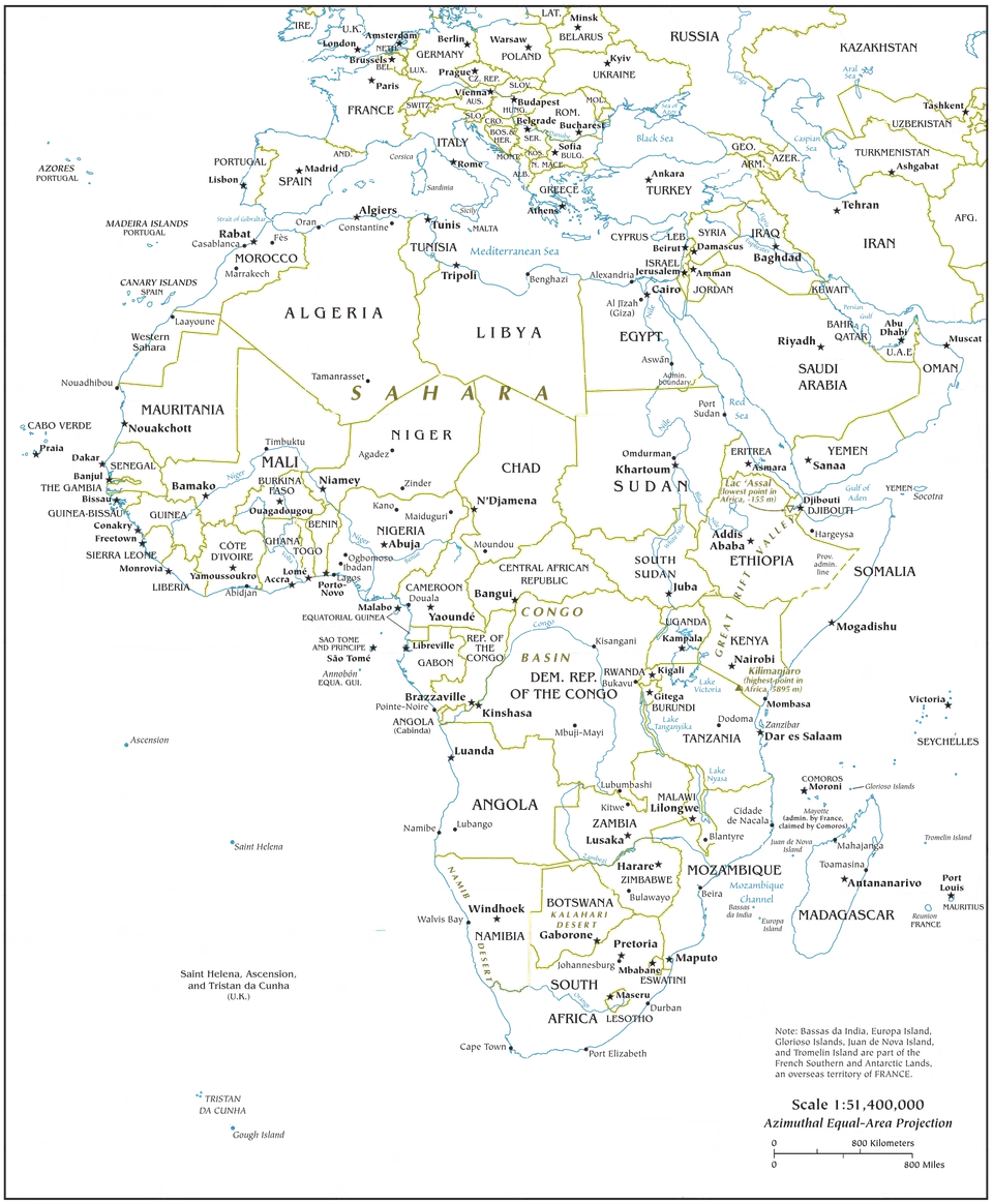 Fyzická mapa Afriky se zvýrazněným reliéfem a hlavními vodními toky.