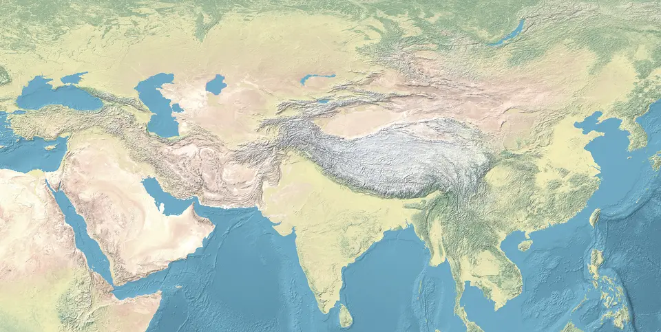 Fyzická mapa Asie s pohořími, nížinami a pobřežím.