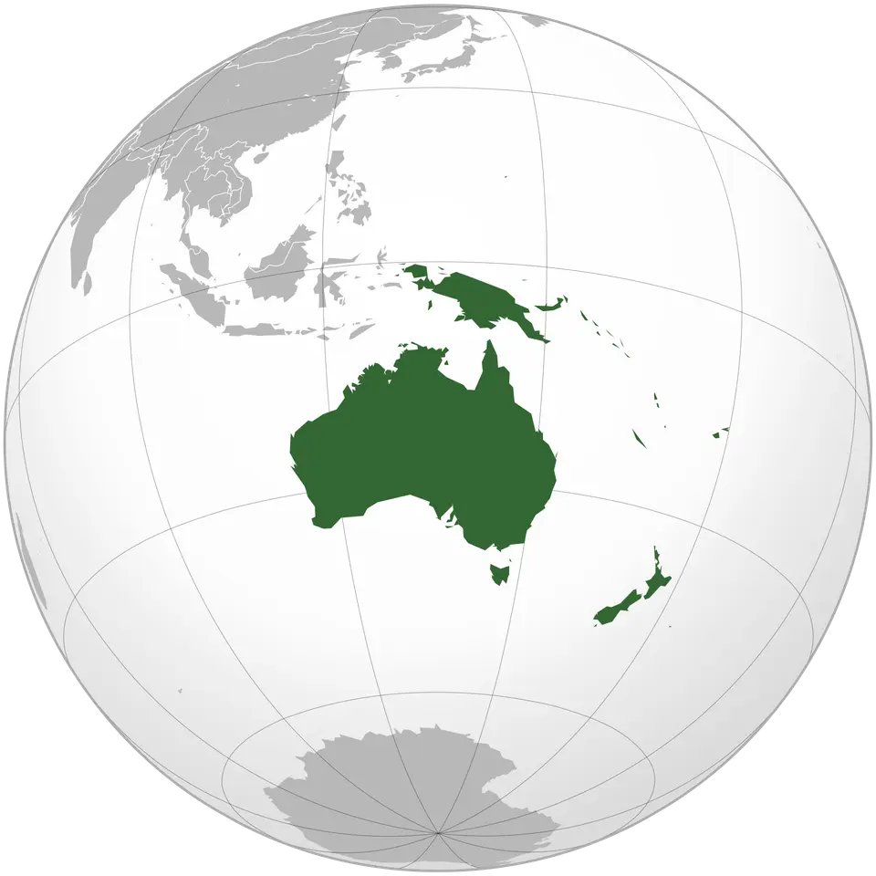 Austrálie a ostrovy Oceánie zvýrazněné na glóbu.