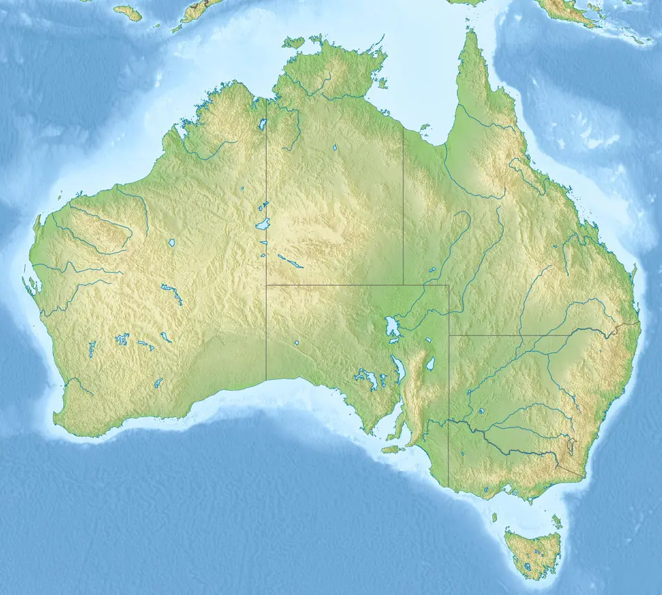 Reliéfní mapa Austrálie s horskými oblastmi a suchým vnitrozemím.