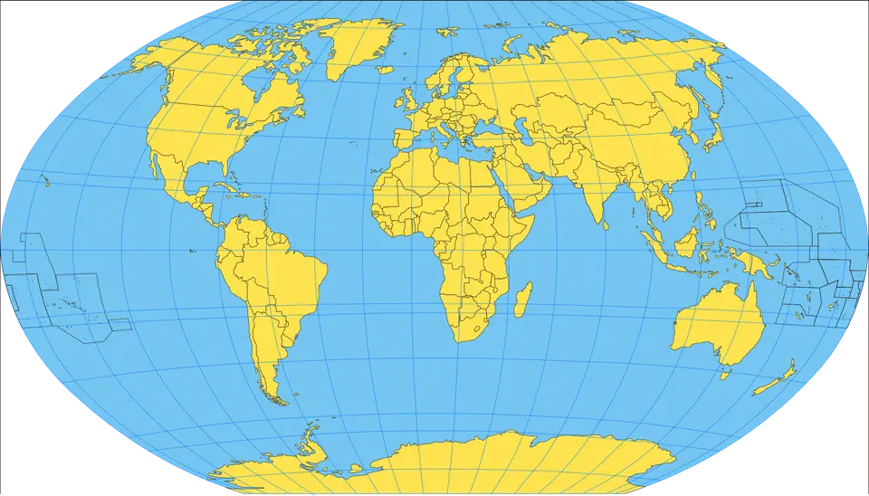 Mapa světa s pevninami vyznačenými žlutě a oceány modře.
