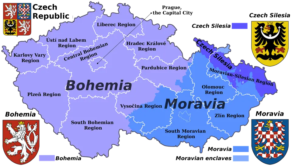 Barevné vymezení historických zemí a hranice současných krajů.