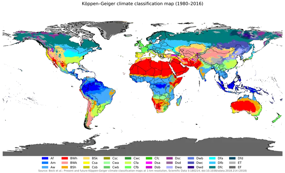 Mapa světa s barevně rozlišenými klimatickými pásmy.