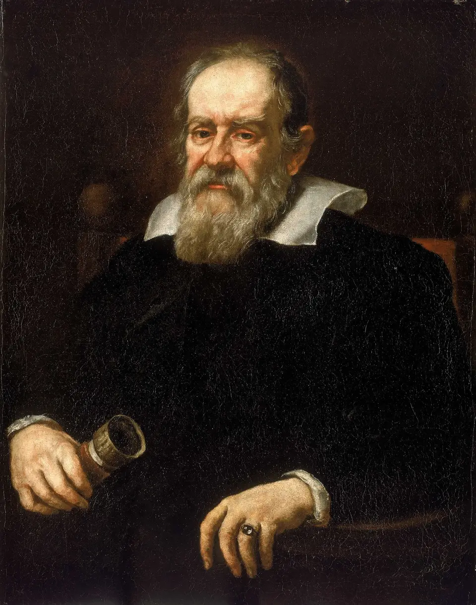 Malovaný portrét vousatého Galilea Galileiho.