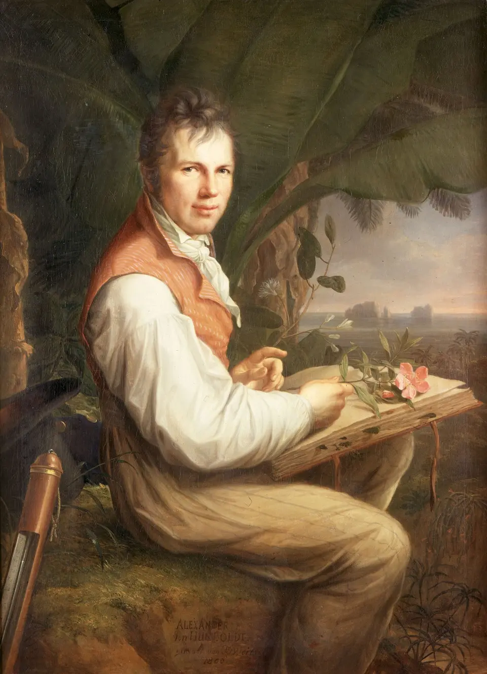 Alexander von Humboldt sedí v přírodě s otevřenou knihou a rostlinou v ruce.