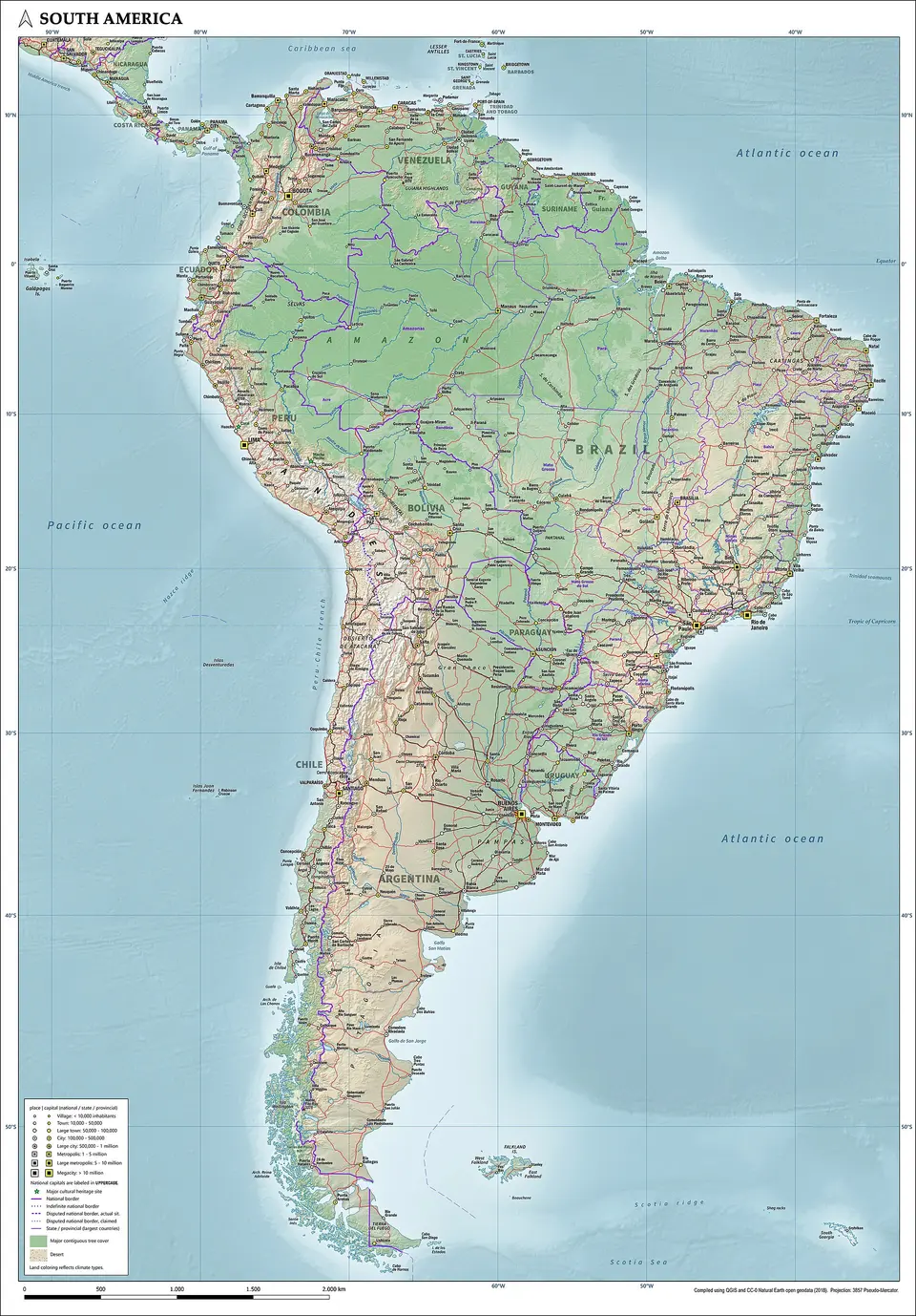 Mapa Jižní Ameriky s barevně odlišeným reliéfem, státy a populačními údaji.