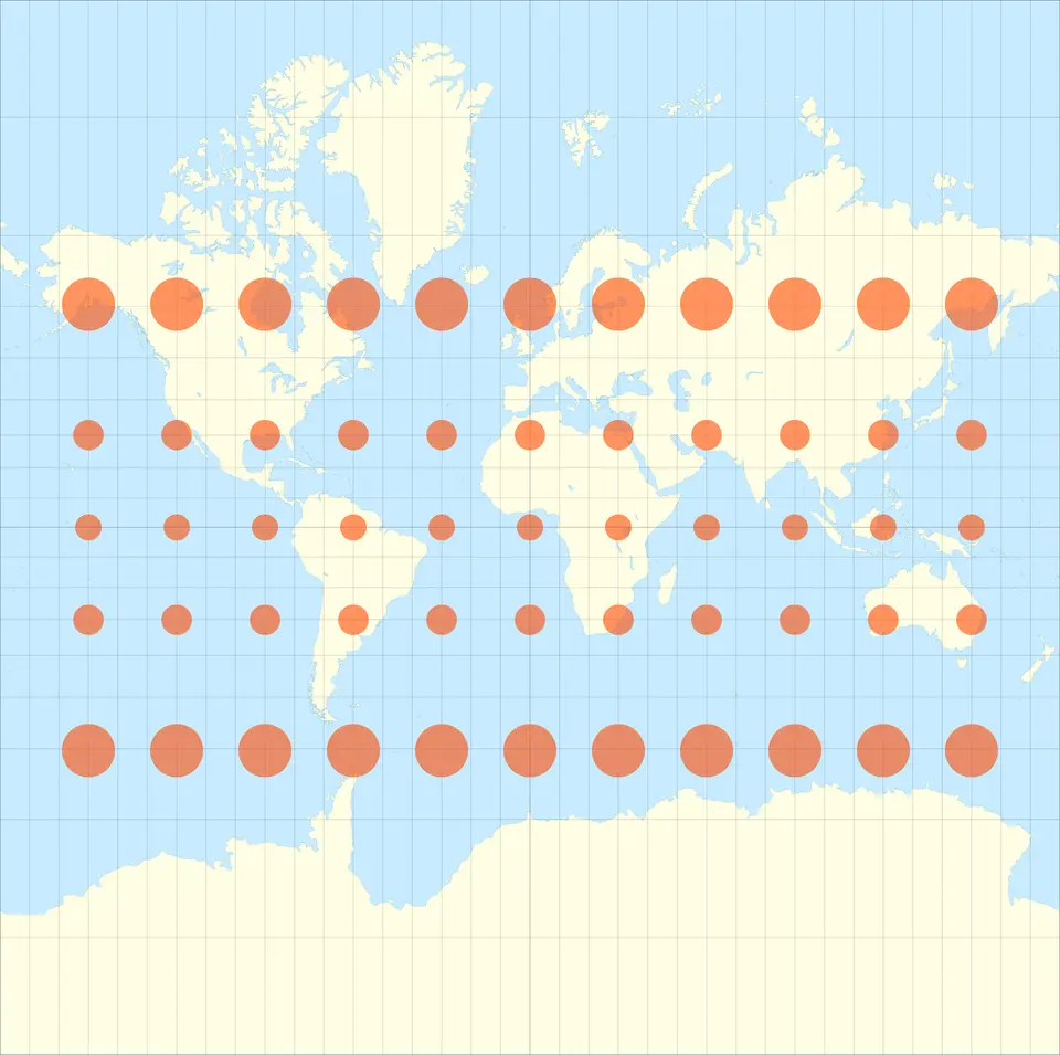 Mapa světa v Mercatorově zobrazení s oranžovými kruhy, které se směrem k pólům zvětšují.