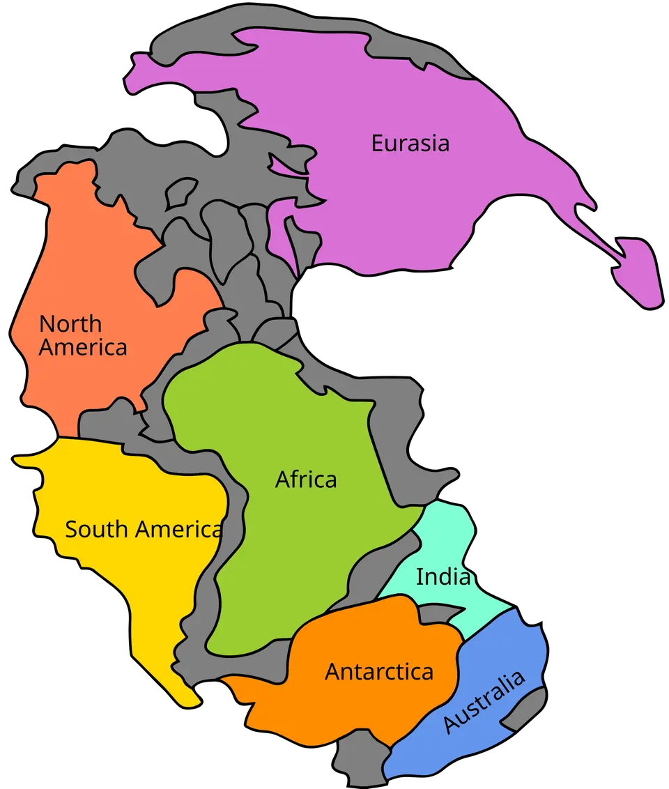 Schéma superkontinentu Pangea s barevně odlišenými dnešními kontinenty.