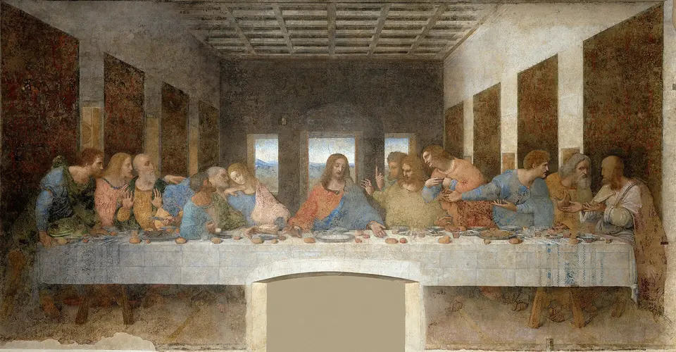 Nástěnná malba Krista a apoštolů při společné večeři.