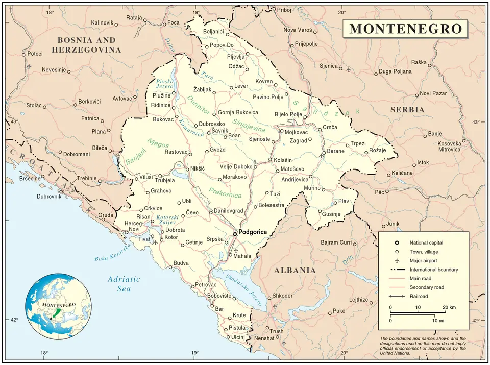 Mapa černohorských sídel, řek a státních hranic.