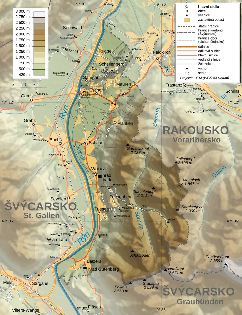 Topografická mapa Lichtenštejnska s českými popisky, řekami, sídly a vrstevnicovým reliéfem.