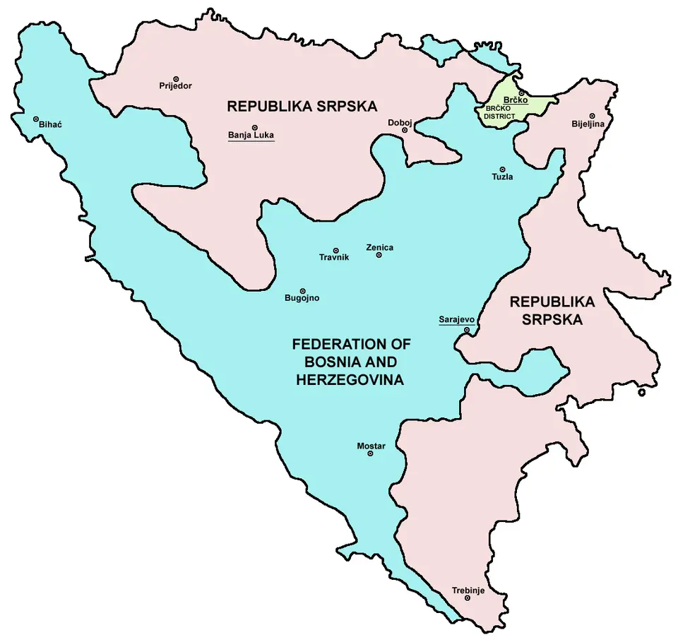 Barevně odlišené správní celky Bosny a Hercegoviny.