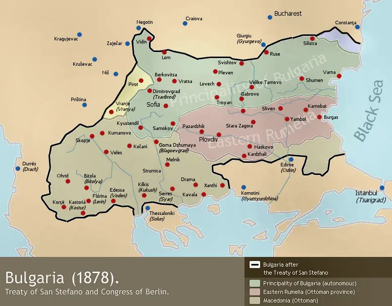 Historická mapa územního návrhu po sanstefanské smlouvě.