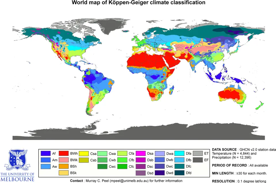 Barevná mapa klimatických oblastí světa.