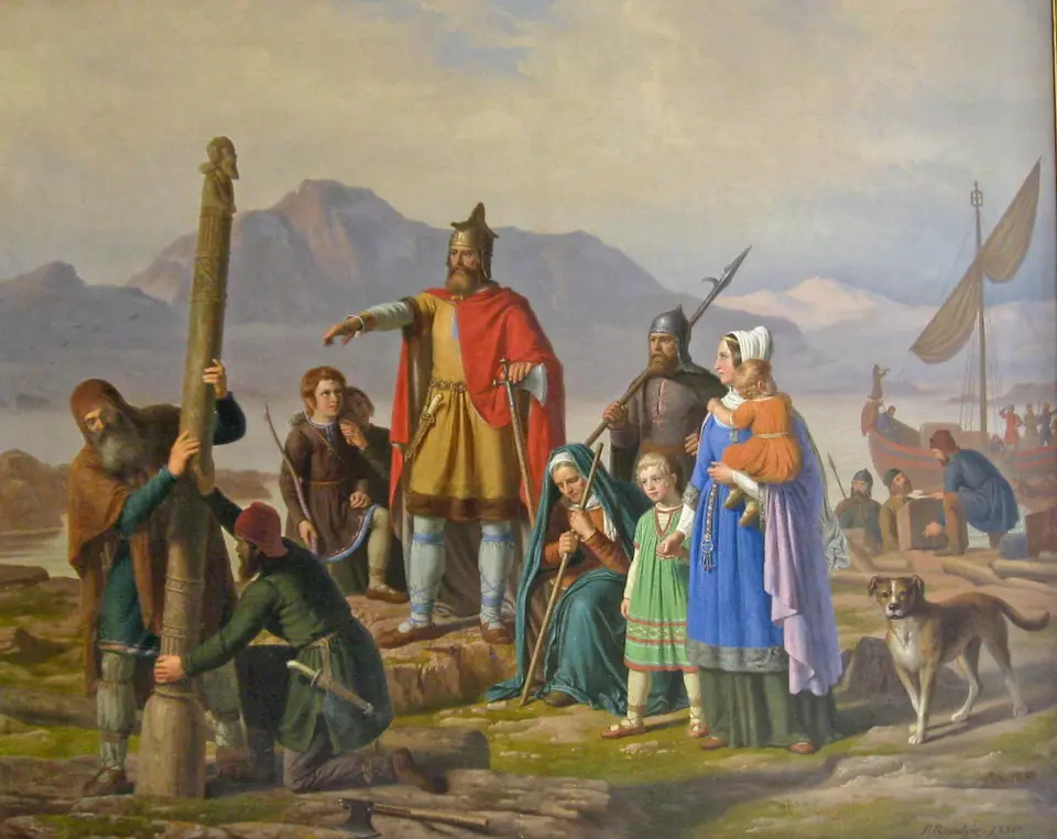 Pozdější malířská představa příjezdu osadníků na islandské pobřeží.