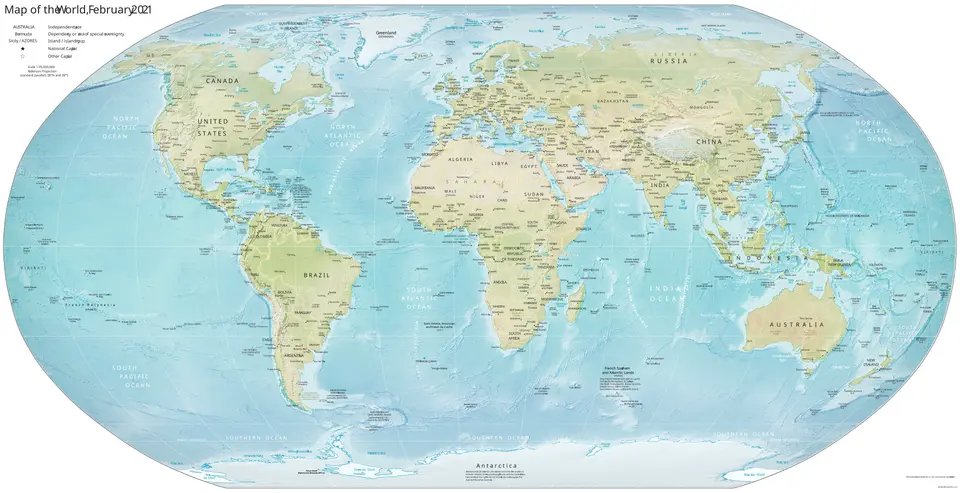 Fyzická mapa světa s reliéfem pevnin a oceánů.
