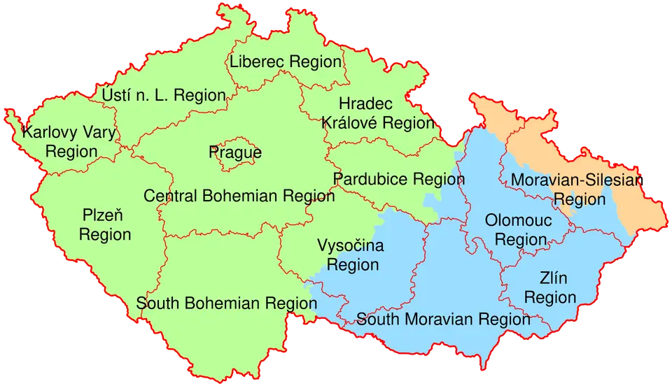 Mapa Česka s hranicemi krajů a barevně odlišenými historickými zeměmi.