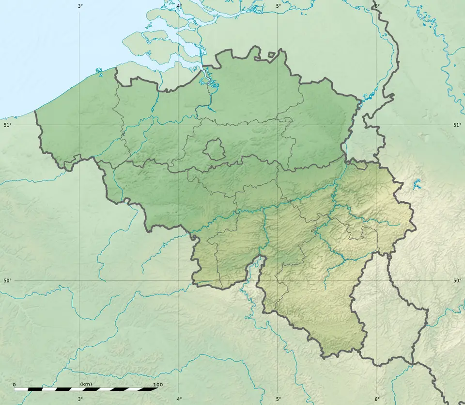 Mapa nížin a vyššího jihovýchodního vnitrozemí Belgie.