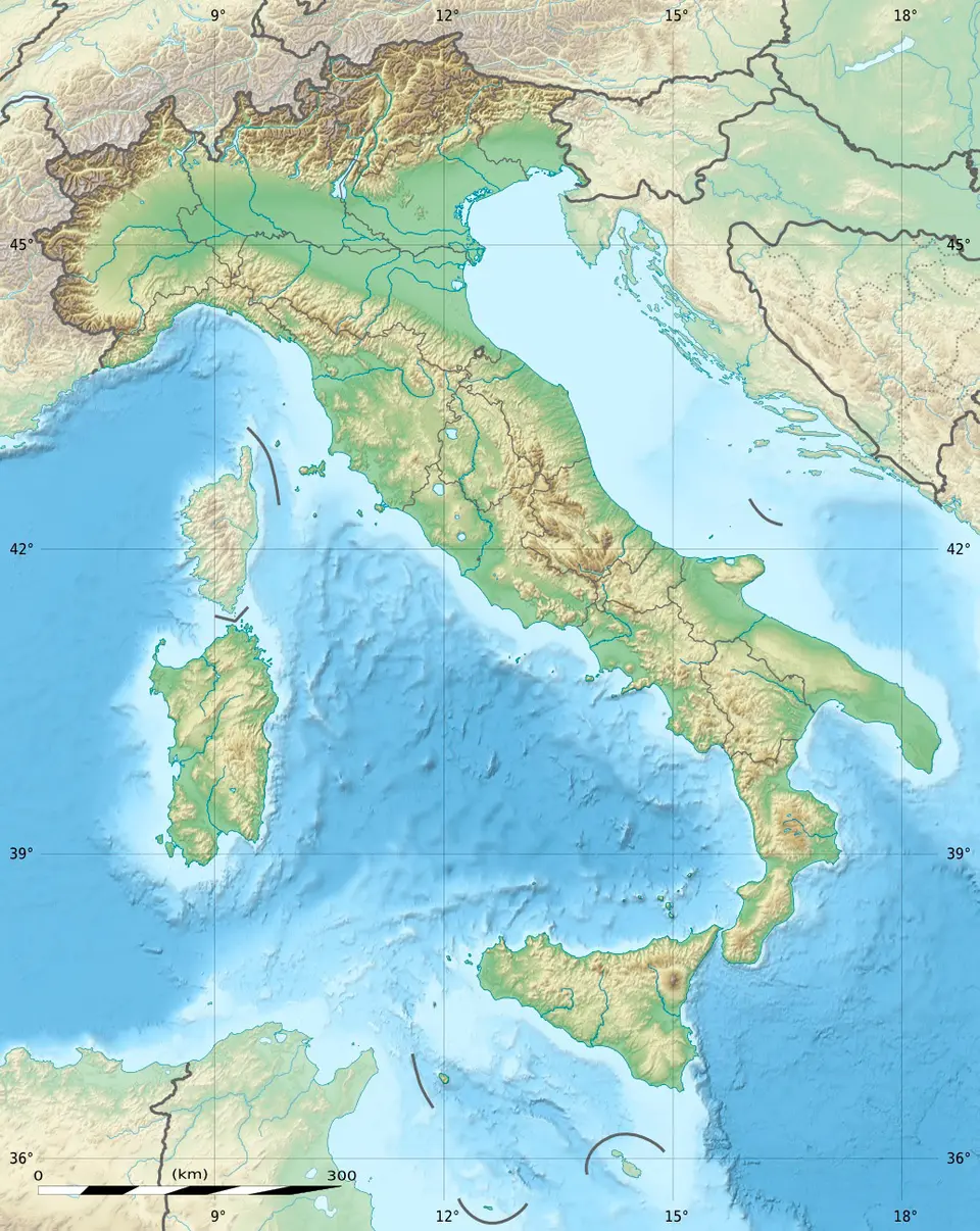 Stínovaný povrch Itálie včetně Alp, Apenin, Sicílie a Sardinie.