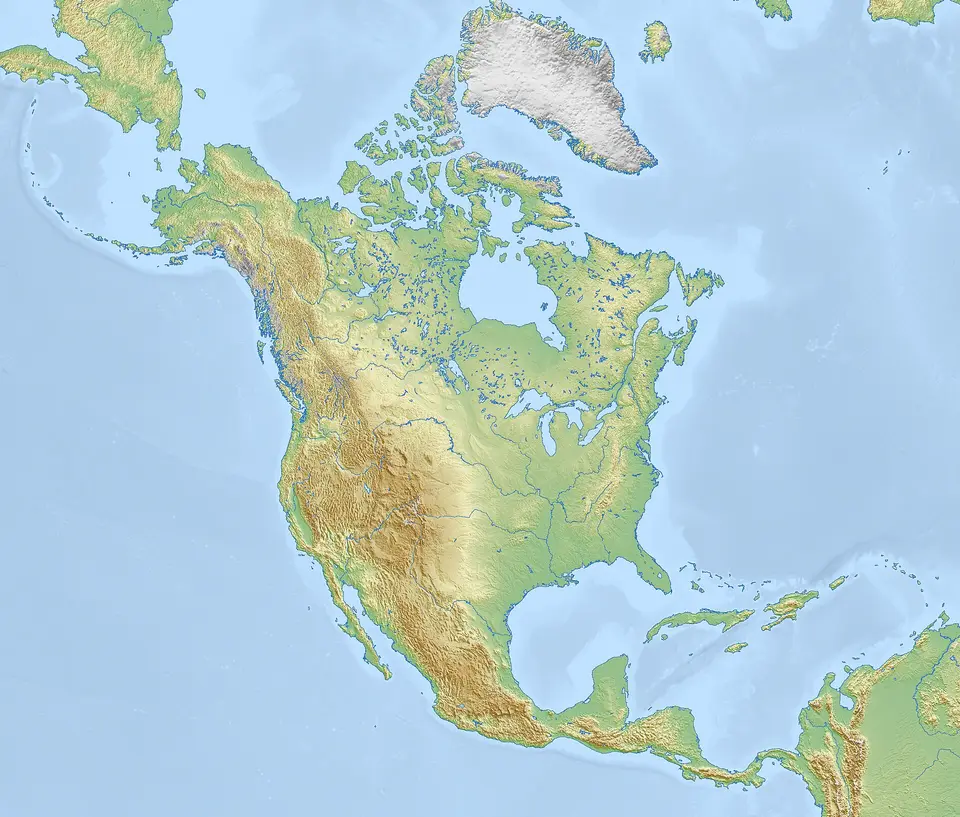 Fyzická mapa Severní Ameriky se stínovaným reliéfem.