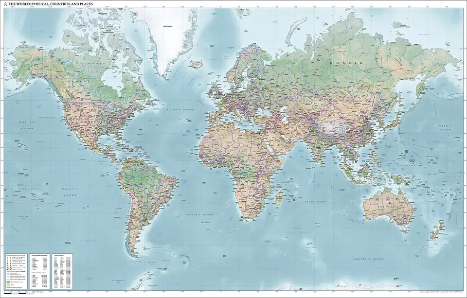 Mapa světa s reliéfem, státními hranicemi a populačními údaji.