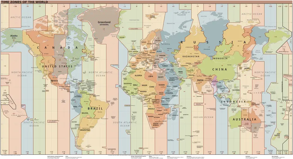 Mapa světa rozdělená na barevně odlišená časová pásma.