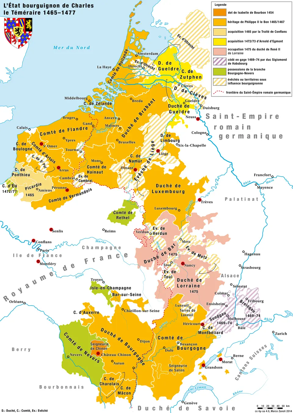 Mapa burgundských držav rozprostřených mezi Francií a Nizozemím.